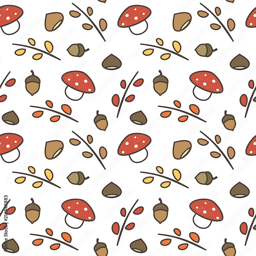 cute lovely autumn seamless vector pattern background illustration with branches, leaves, mushroom, acorns, chestnuts Stock Vector, Kawaii Mushroom' HD phone wallpaper
