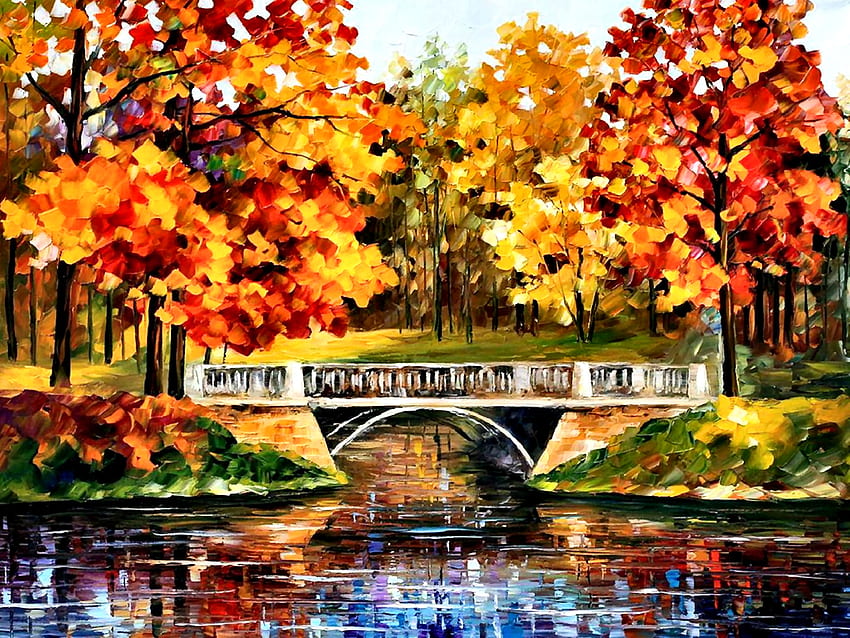 Autumn Blinks F, architecture, art, landscape, beautiful, lake, artwork, scenery, wide screen, painting, Afremov, bridge, autumn, water HD wallpaper