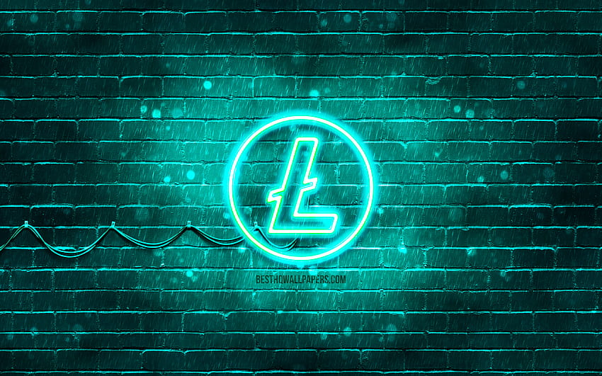 Litecoin turquoise logo, , turquoise brickwall, Litecoin logo, cryptocurrency, Litecoin neon logo, Litecoin HD wallpaper