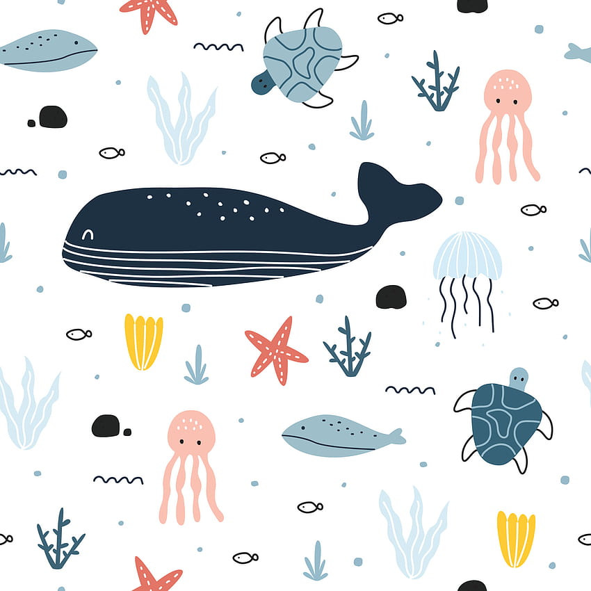 Безшевен модел на син кит с морски обитатели Сладък анимационен фон с животни за щампи, облекла, текстил, векторна илюстрация 4257301 Векторно изкуство във Vecteezy HD тапет за телефон