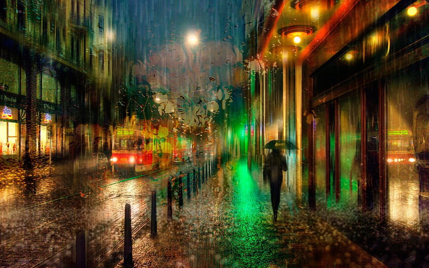 Praga, Checa, noite, chuva, luzes, Night City Rain Lights papel de parede HD