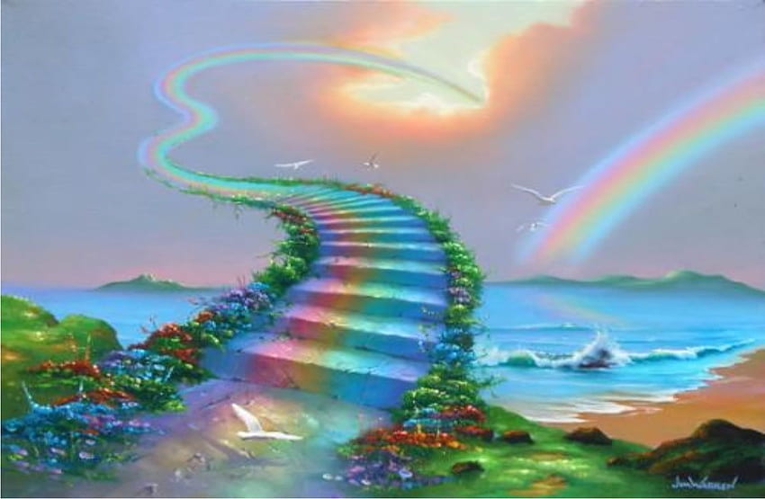Scala per il paradiso Warner. Dipinto del cielo, Ponte dell'arcobaleno, Oltre l'arcobaleno Sfondo HD