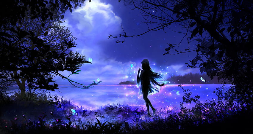 Alone, night, blue, pink, fantasy, girl, luminos, silhouette HD wallpaper