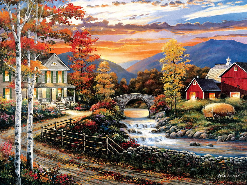 Babbling Creek Road, Fluss, Scheune, Haus, Steine, Kunstwerke, Gemälde, Bäume, Brücke, Himmel HD-Hintergrundbild