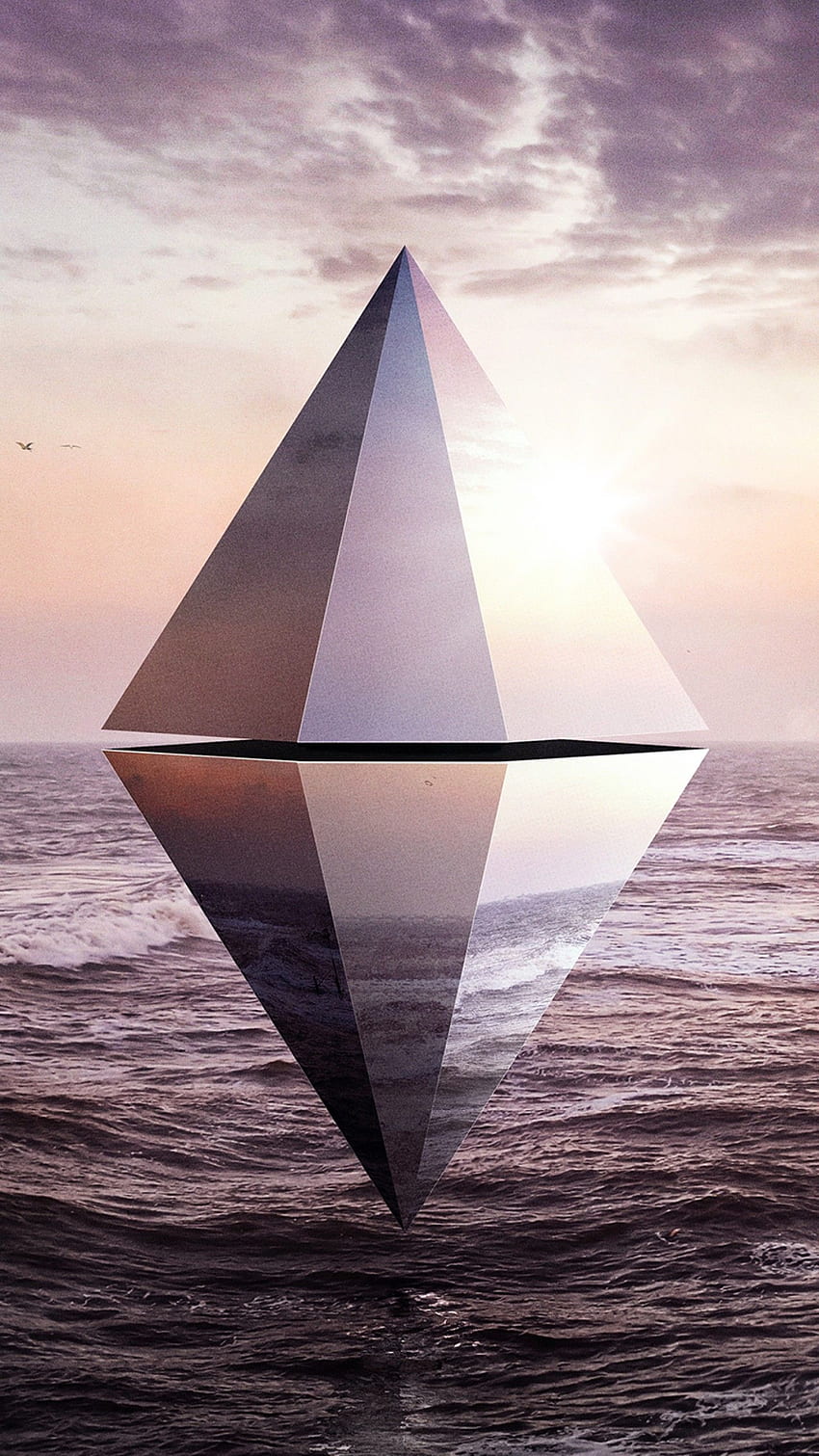 Seascape Sunset Water 3d Mirror Crystal Water Triangle Hd Phone