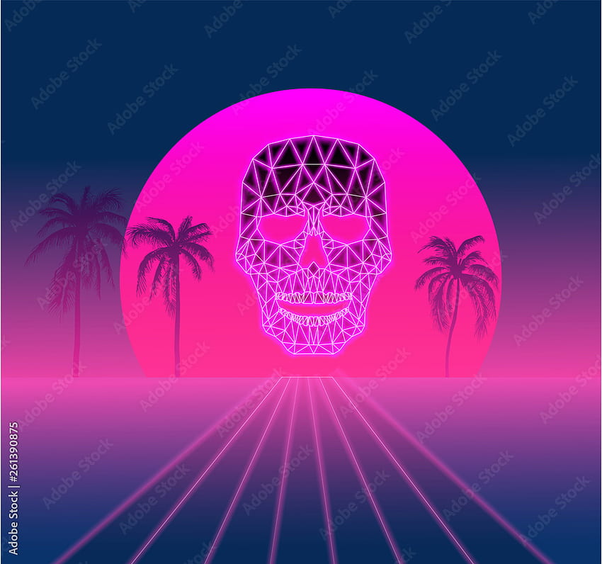 Purple and pink spectrum background with palm trees and skull, vaporwave style. Stock Vector HD wallpaper