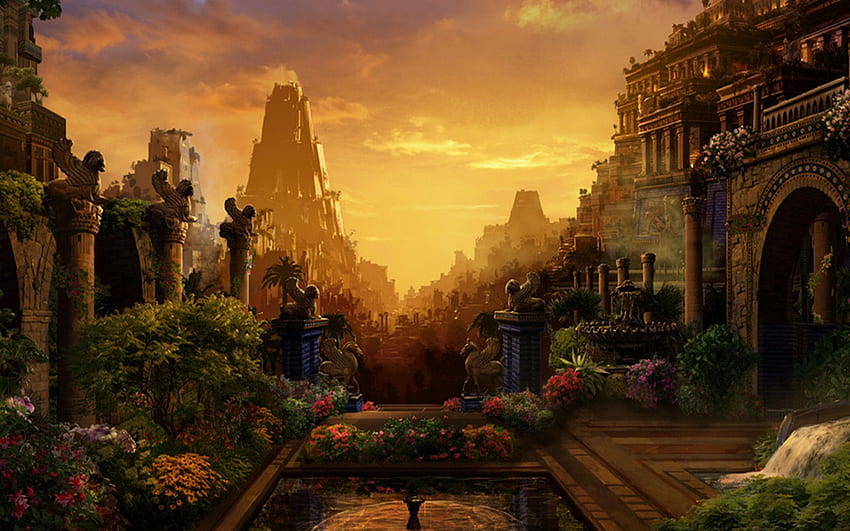 バビロンの空中庭園 (1920×1200)。 バビロンの庭園、空中庭園、幻想的な風景、古代文明 高画質の壁紙