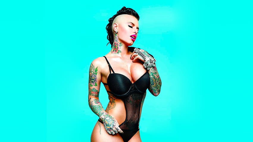Christy Mack, blue background, aqua, tattoos, brunettes HD wallpaper