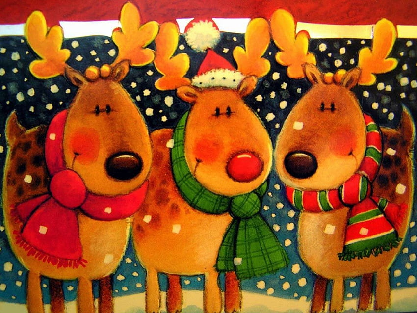 Feliz Navidad de Dancer, Rudolph & Prancer, vacaciones, bailarín, renos, nieve, navidad, pinturas, rudolph, prancer fondo de pantalla