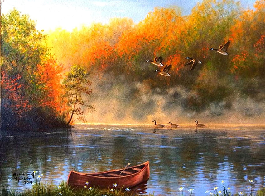 Fumée sur le lac, automne, couleurs, peintures, beau, amour quatre saisons, lacs, bateaux, arbres, automne, oiseaux volants, nature, charmant Fond d'écran HD