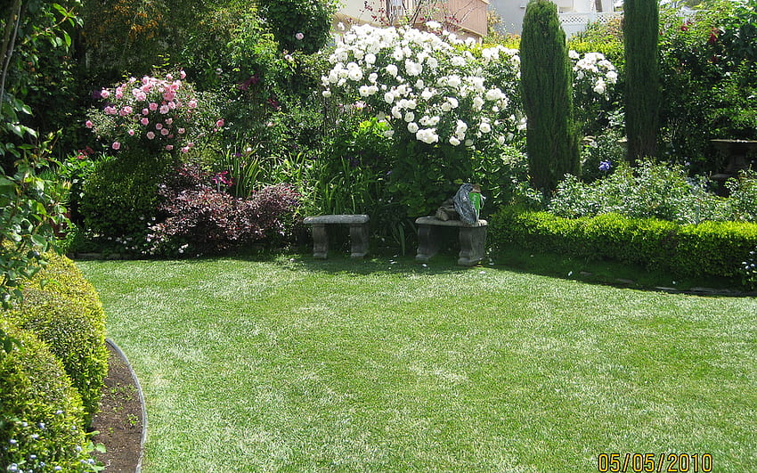 siedzenia dla dwojga, dwojga, kamienna ławka, róże, ogród, siedzenia, dom Tapeta HD