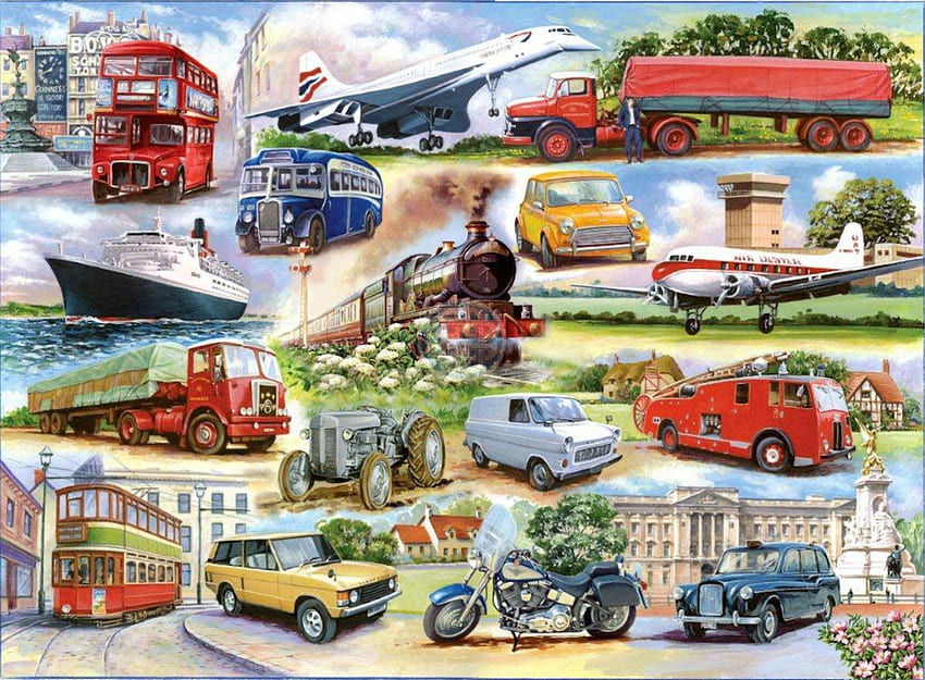 英国の交通機関、船、英国、車、バイク、ミニ、飛行機、コラージュ、トラクター、タクシー、花、輸送、大型トラック、バス、バン、路面電車へのオマージュ 高画質の壁紙