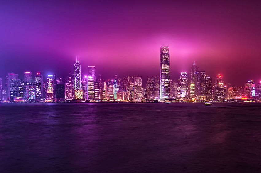 Hong Kong, Skyline, Skyscrapers, Purple Sky untuk Chromebook Pixel Wallpaper HD