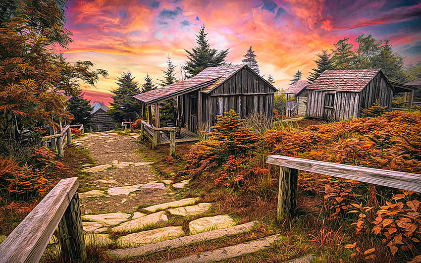 Le Conte Lodge Cabins, Great Smoky Mountains, Tennessee, sky, usa, autumn, colors, clouds, trees HD wallpaper