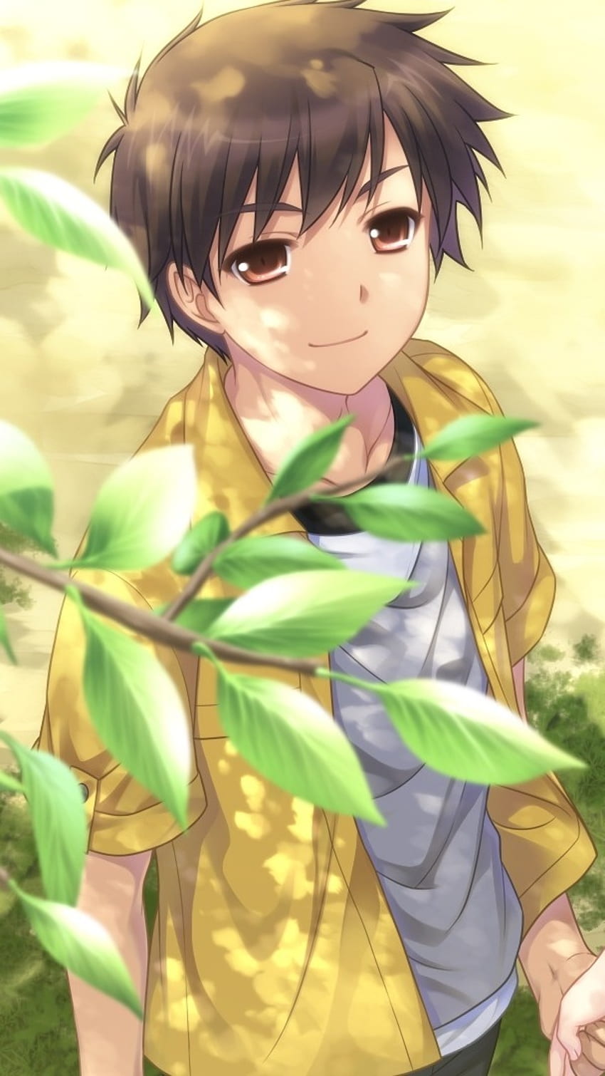 Anime-süßer Junge, süßes Lächeln, Naturhintergrund HD-Handy-Hintergrundbild