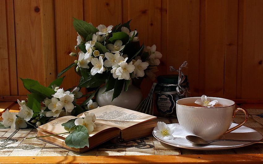 kwiaty, jedzenie, filiżanka, herbata, picie herbaty, spotkanie przy herbacie Tapeta HD