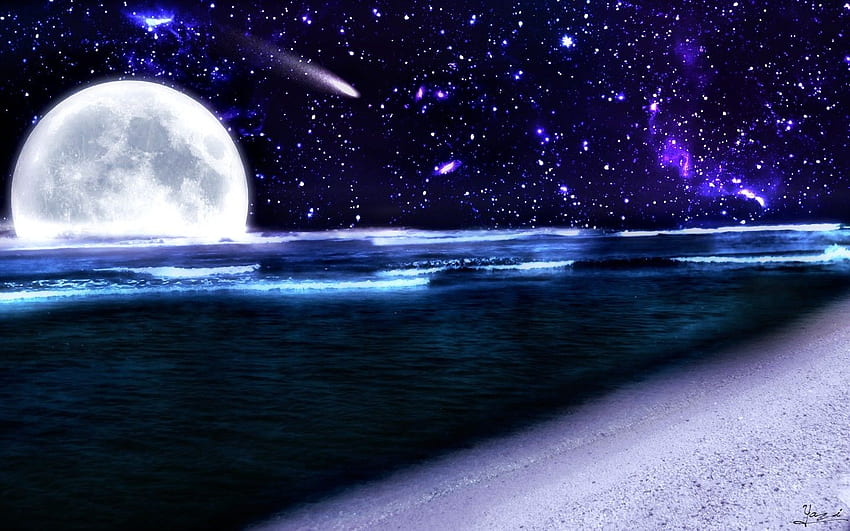 Sky: Night Beach Ocean Sky Moon Stars Mobile for 16:9、Beach at Night 高画質の壁紙