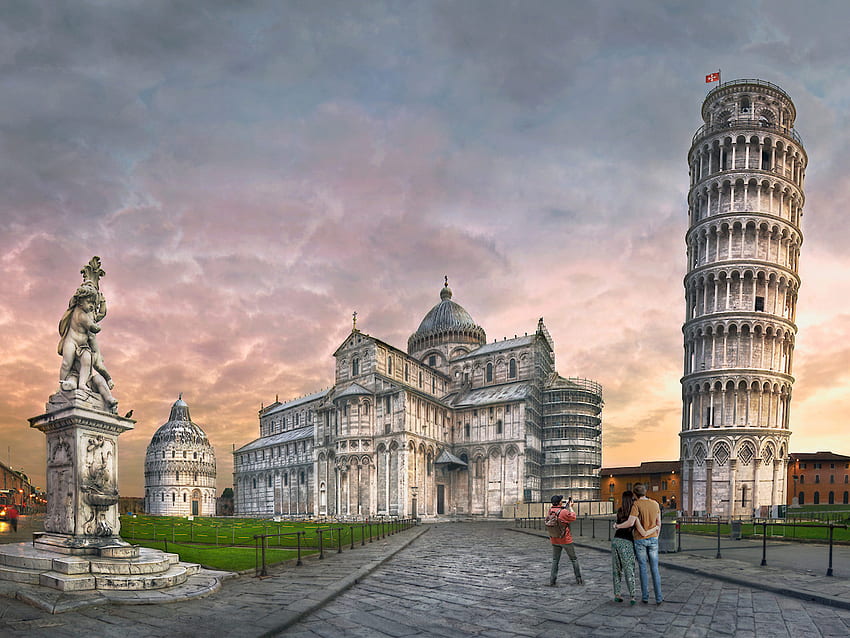 Tour de Pise Italie sur la place Dei Miracoli avec le baptistère du Duomo et la ville icône de Camposanto pour votre ordinateur Fond d'écran HD