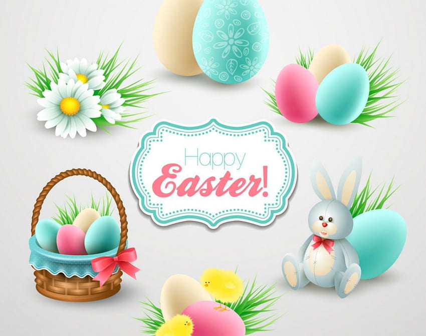 Happy Easter, basket, flowers, Easter, eggs HD wallpaper