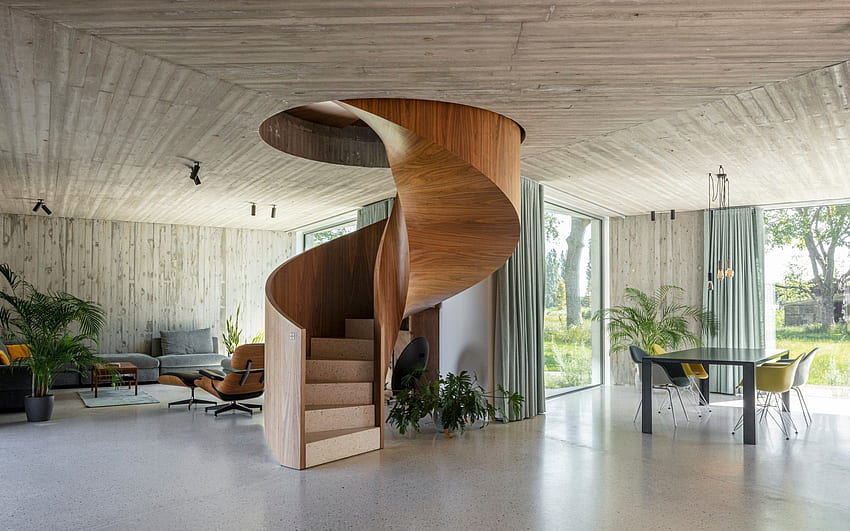 wooden spiral staircase, stylish interior design, stylish staircase, wooden ceiling, modern interior design, idea for a spiral staircase HD wallpaper