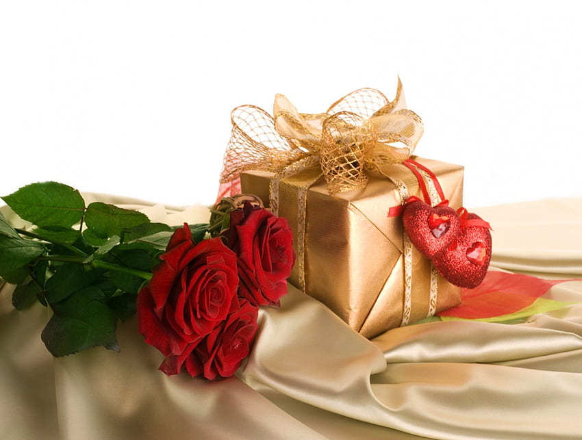 Gift for Valentine's day, bouquet, present, gift, nice, valentine, day, delicate, petals, passion, roses, ribbon, romance, beautiful, tender, leaves, pretty, love, red, romantic, flowers, lovely HD wallpaper