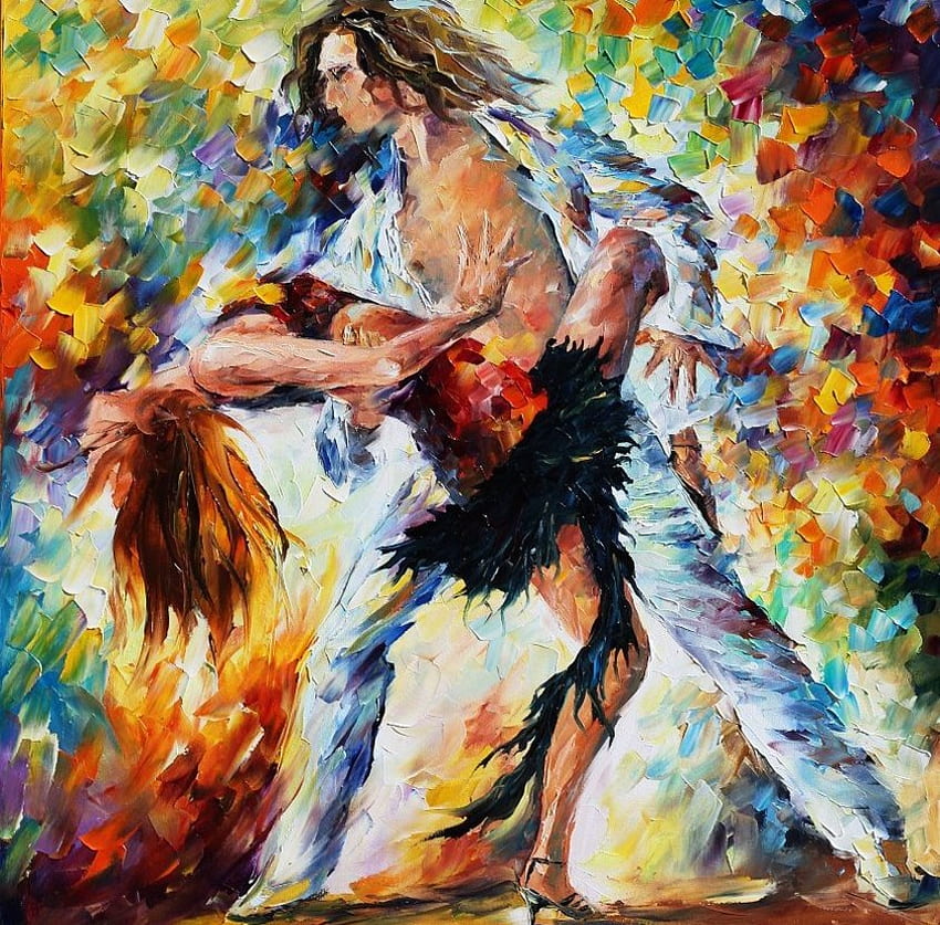 Leonid Afremov - Tango Of Love, dança, arte, homem, tango de amor, cores, menina, mulher, Leonid afremov, música, pintura, jovem, casal, paixão papel de parede HD