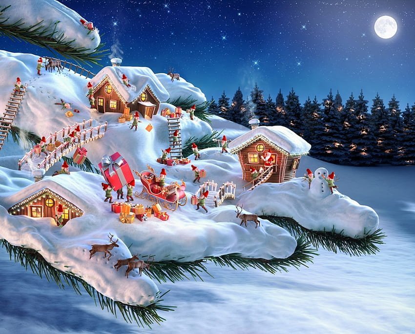 La place du Père Noël, nuit, bleu, hiver, blanc, place, craciun, maison, père noël, elfe, lune, fantaisie, noël, rouge Fond d'écran HD