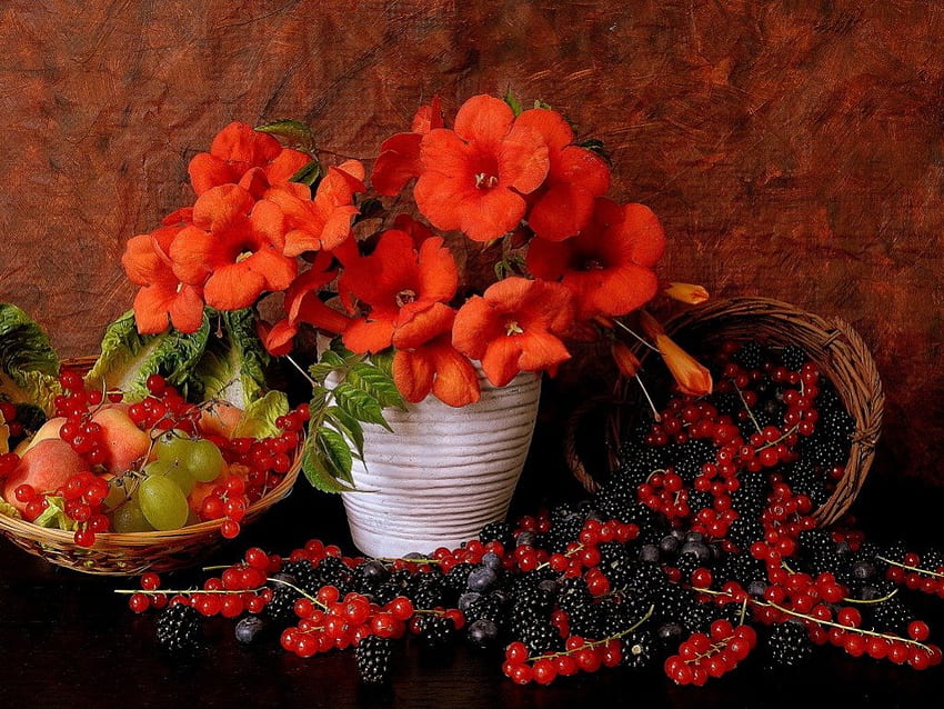 Natureza morta, vaso, flores, frutas, bagas papel de parede HD
