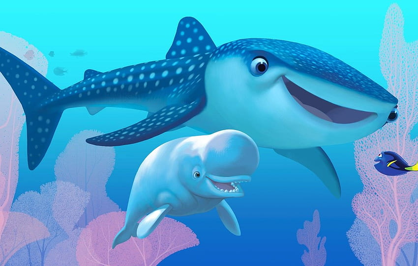 white, Pixar, sea, ocean, water, cartoon, friendship, shark, fish, friends, drawing, reef, whale, adventure, sugoi, subarashii for , section фильмы, Cartoon Whale HD wallpaper