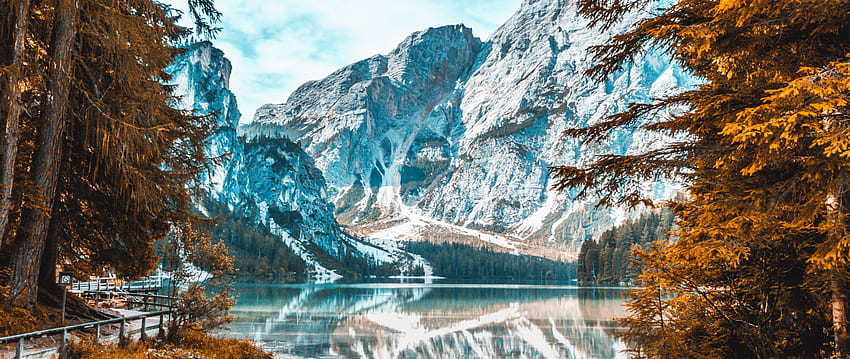 Karla Başlamış Dağ, Göl, Orman, Doğa, Sonbahar , , Çift Geniş Ekran, Geniş Ekran, Norveç Sonbaharı HD duvar kağıdı