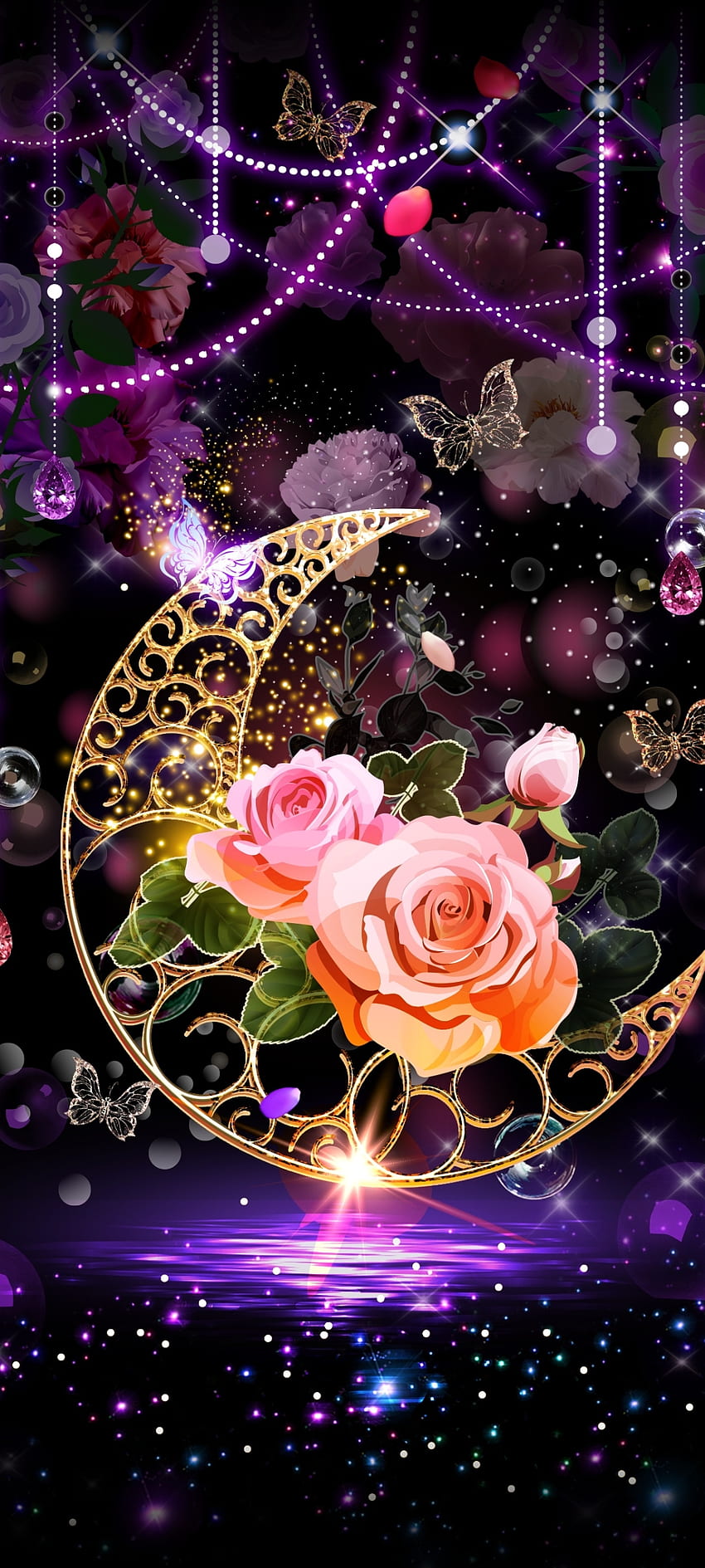 Beauty Moon and Star, Flower, art, pink, Beautiful, Luxury, Night ...