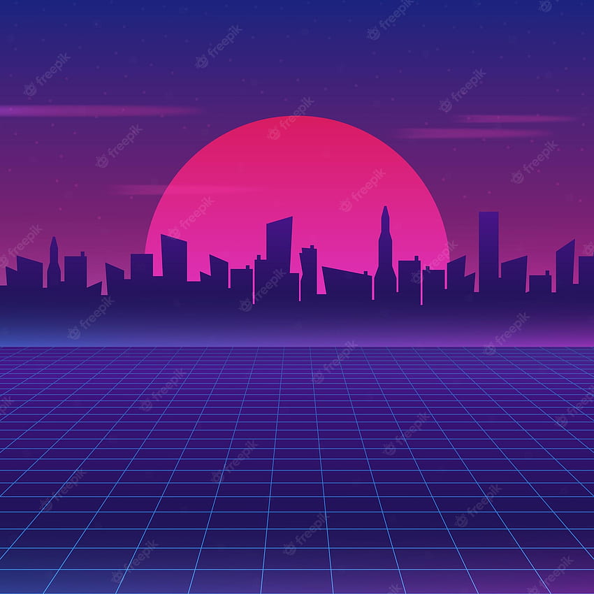 Premium-Vektor. Retro Future 80er Style Sci Fi. Futuristische Nachtstadt. Stadt auf dunklem Hintergrund mit hellen und leuchtenden Neonlichtern in Lila und Blau. Cyberpunk und Retro-Wellenstil-Vektor HD-Handy-Hintergrundbild