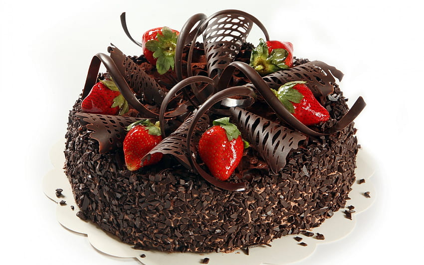 Cake, sweet, white, strawberry, chocolate, dessert, food, brown, red, fruit HD wallpaper