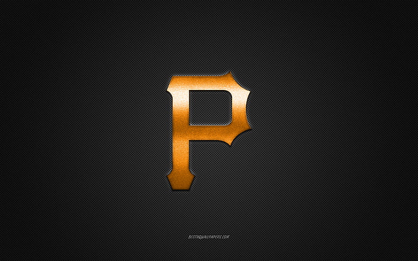 Pittsburgh Pirates emblem, American baseball club, gold logo, gray carbon fiber background, MLB, Pittsburgh Pirates Insignia, baseball, Pittsburgh, USA, Pittsburgh Pirates HD wallpaper