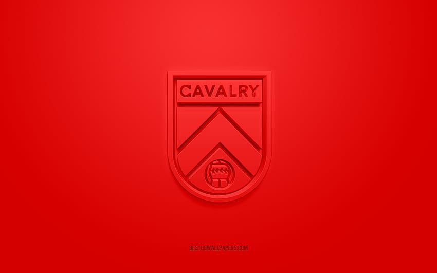 Cavalry FC, творческо 3D лого, червен фон, Canadian Premier League, CPL, 3d емблема, Канадски футболен клуб, Канада, 3d изкуство, футбол, Cavalry FC 3d лого HD тапет