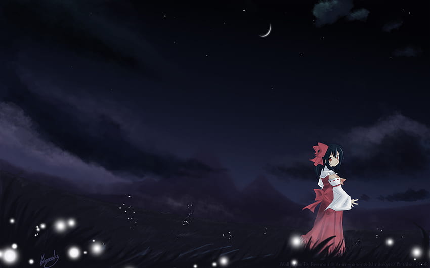 Reimu Hakurei, нощ, сладък, панделки, червена рокля, тъмно, аниме момиче, луна, miko, touhou, shrine maiden project, reimu kakurei HD тапет