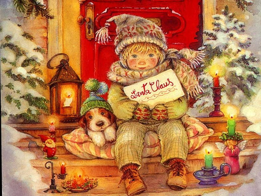 Menunggu Santa, anjing, anak-anak, natal, santa Wallpaper HD