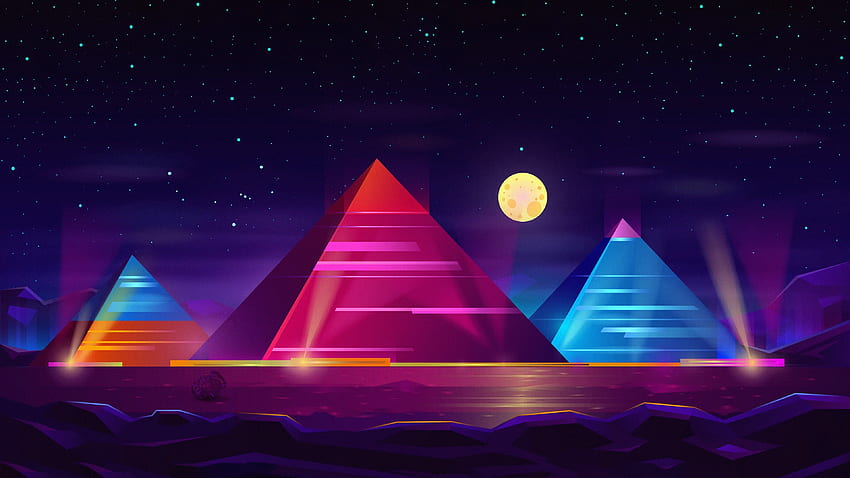 Pyramiden, bunt, Neonkunst, Nacht HD-Hintergrundbild