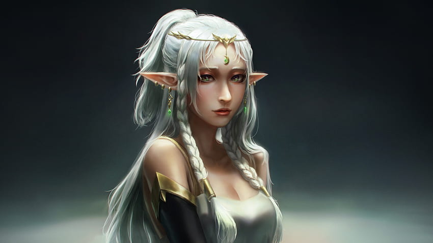 White hair elf, white, art, fantasy, keith chen, girl, elf, hair HD wallpaper