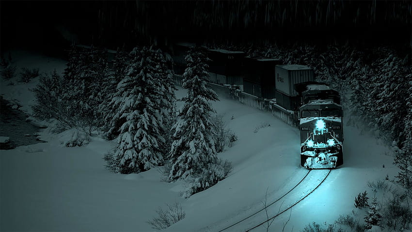 Tren en la noche de nieve, invierno frío y oscuro fondo de pantalla
