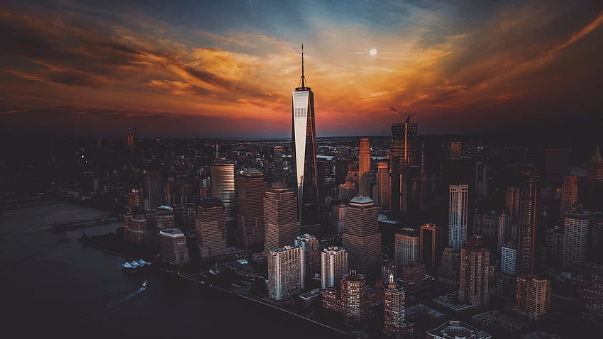 New york city, grattacielo ed edifici al tramonto, paesaggio urbano Sfondo HD