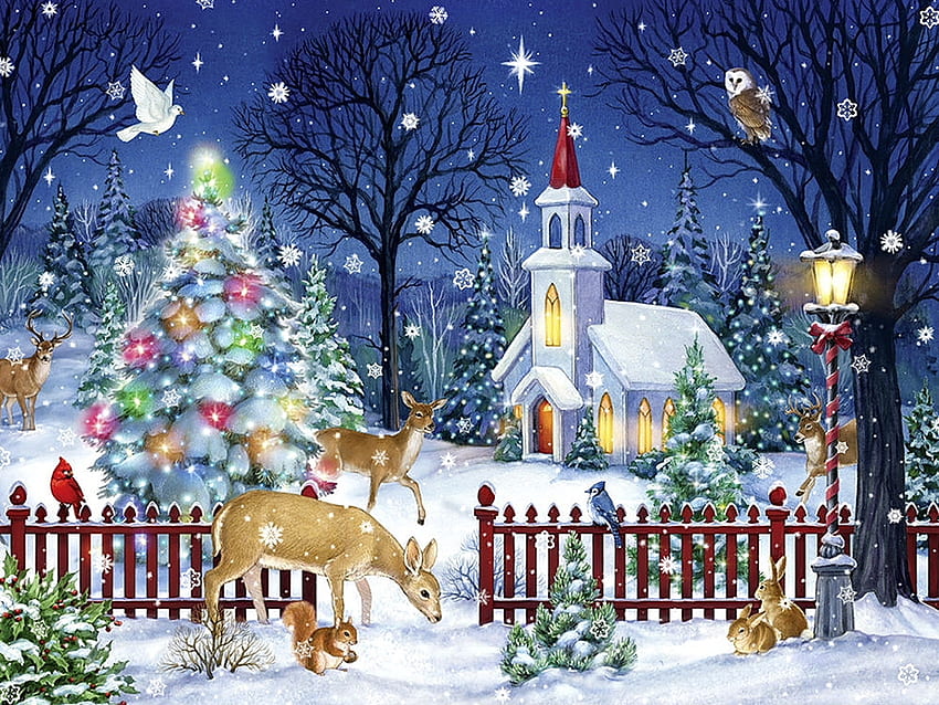 魔法の冬の夜、夜、冬、平和、美しい、教会、クリスマス、木、クリスマス、フェンス、動物、美しい、森 高画質の壁紙
