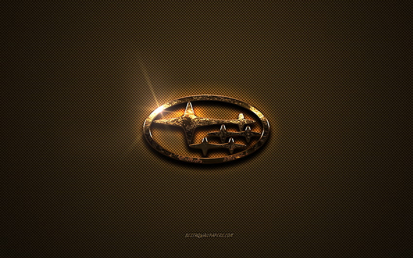 Златно лого на Subaru, произведение на изкуството, кафяв метален фон, емблема на Subaru, лого на Subaru, марки, Subaru HD тапет
