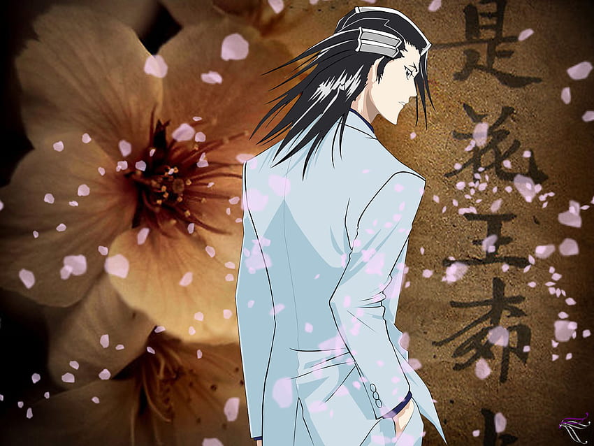 byakuya falling flowers, pink, anime, blech, byakuya, black hair, rukia, flowes, memories HD wallpaper