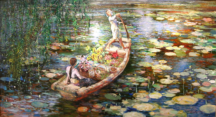 Liboat, pântano, barco, gramíneas, menina, amantes, desfrutando, dia, menino, pás de água, natureza, flores, passeio papel de parede HD
