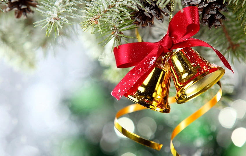 Christmas bells, sparkling, nice, holiday, reflection, new year, golden, ribbon, gifts, santa claus, beautiful, bells, tree, decoration, pretty, christmas, joy, lovely HD wallpaper