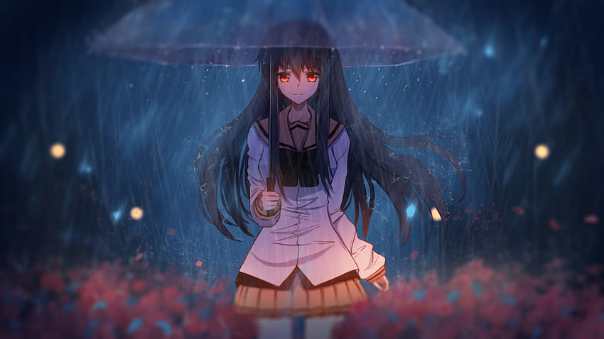 Anime girl under an umbrella in the rain HD wallpaper