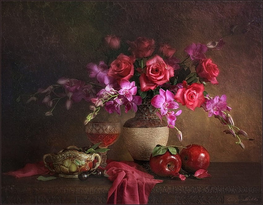 apple red, table, wineglass, roses, goblet, vase, apples, fruit, bowl, scarf, wine HD wallpaper