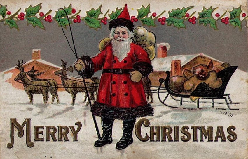 Merry Christmas, artwork, sleigh, reindeer, painting, snow, vintage, santa HD wallpaper