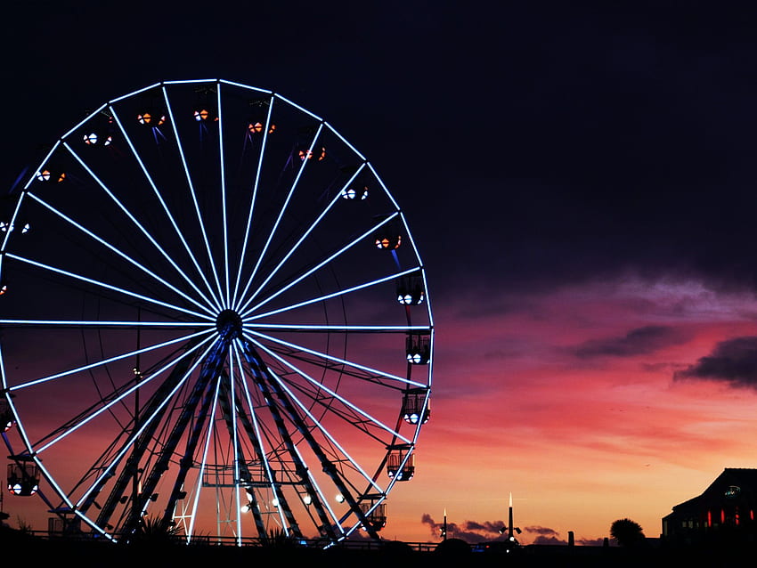 Ferris wheel , Silhouette, Sunset, Neon Lights, Amusement park, Purple sky, graphy, Neon Sunrise HD wallpaper